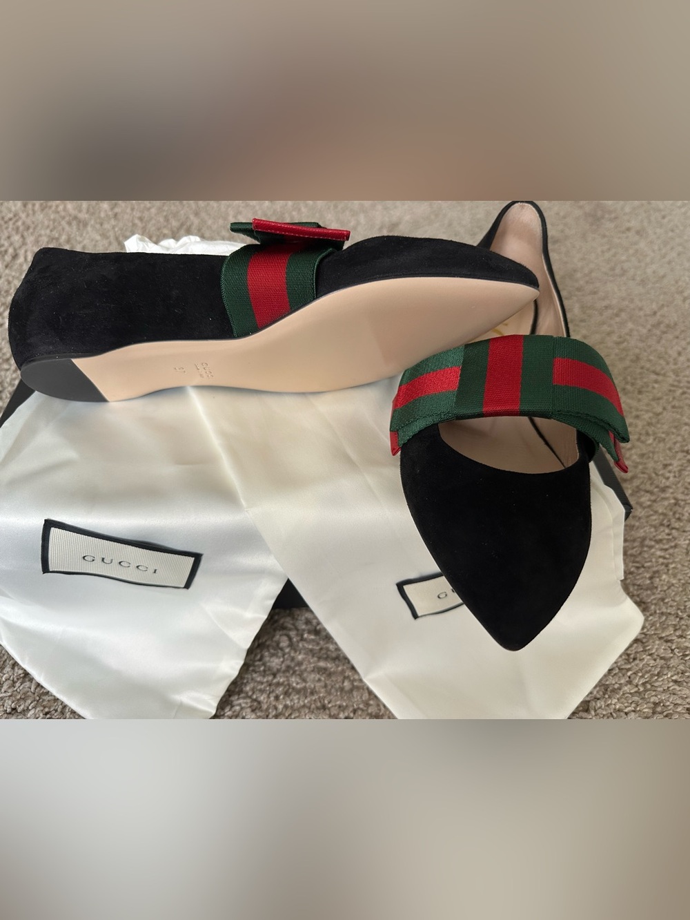 Gucci Web Bow Black Suede Ballet Flats Size 37 – New in Box